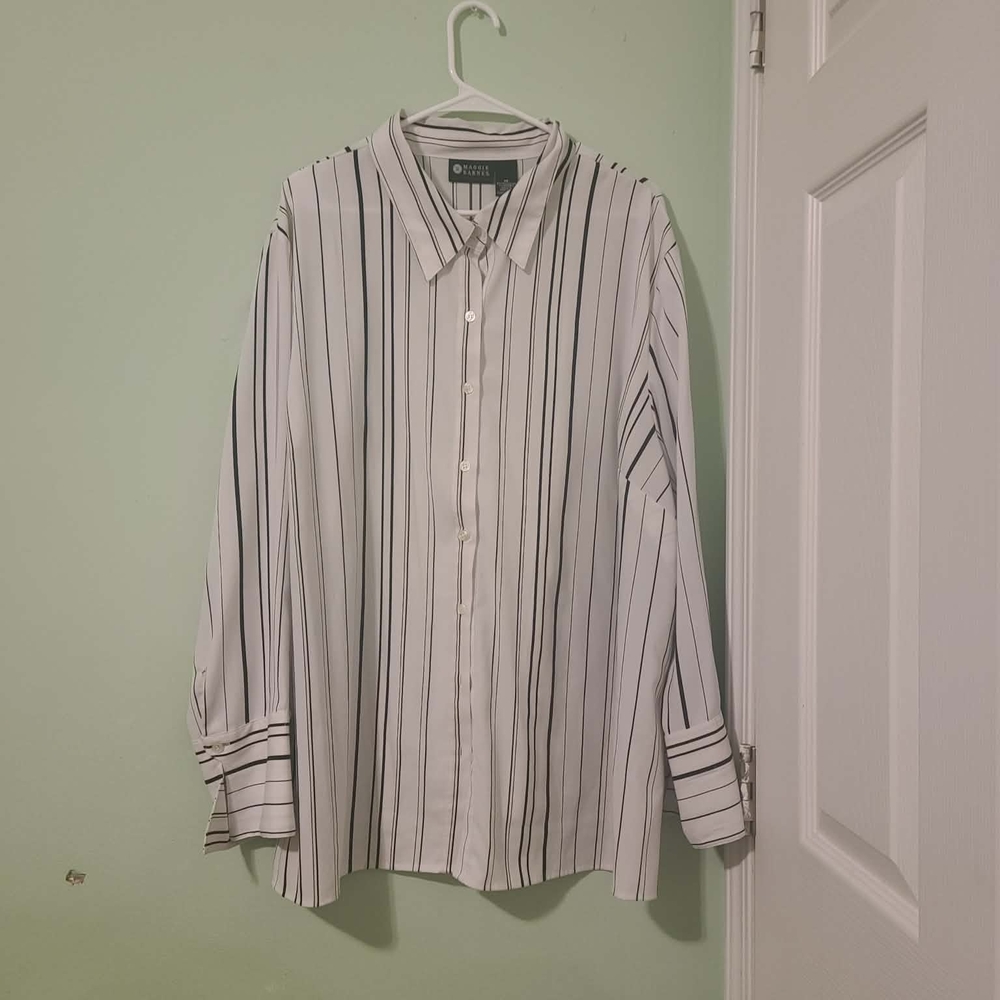 Maggie Barnes Men's White and Black Striped Shirt